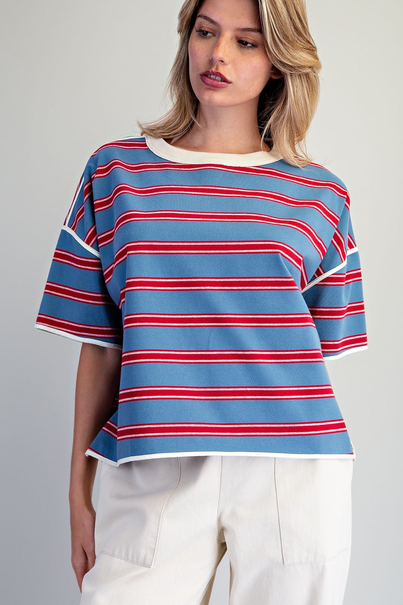 Soft Washed Striped Boxy Top Bubblegum Blue