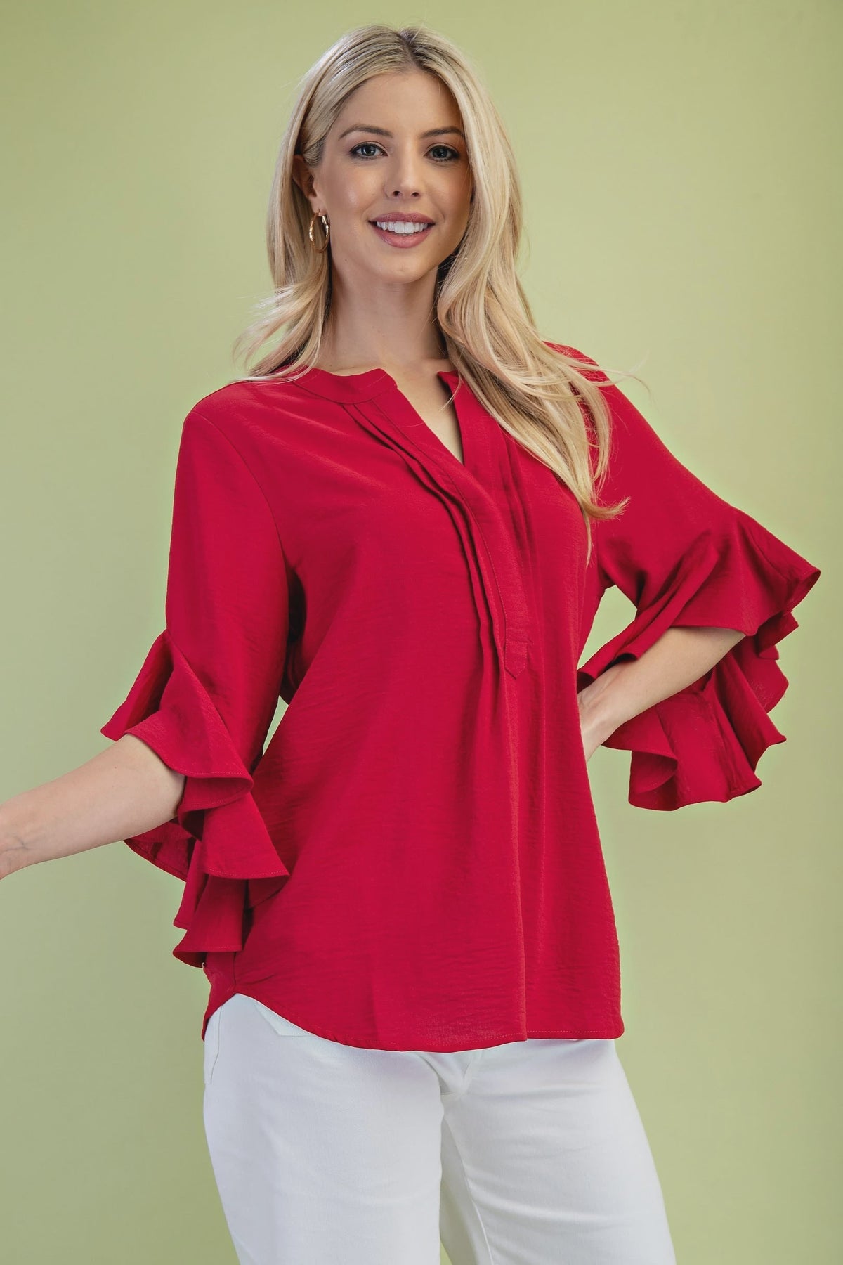 Ruffled Bell Sleeve Front Pleat Detail Top Red