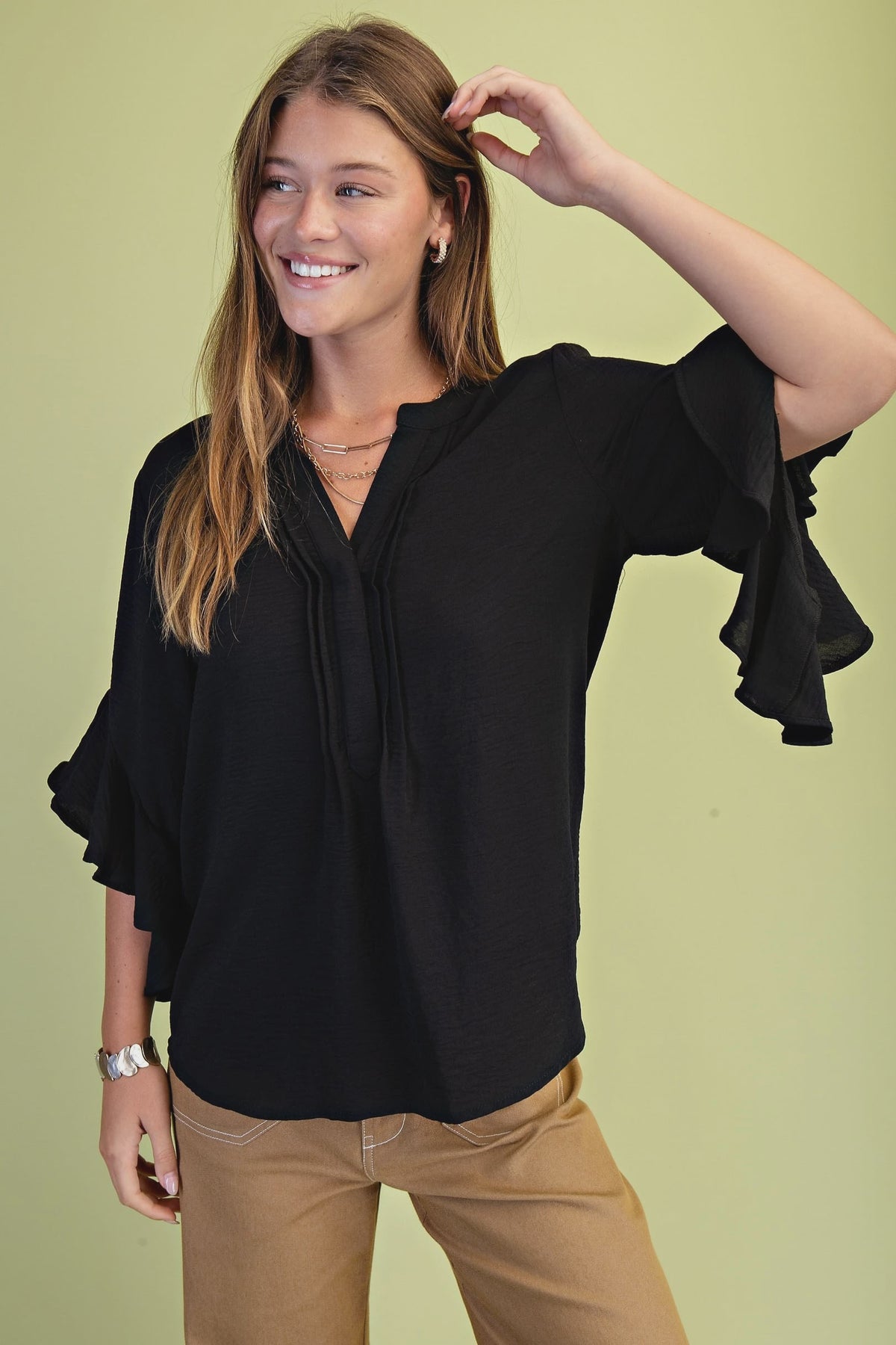 Ruffled Bell Sleeve Front Pleat Detail Top Black