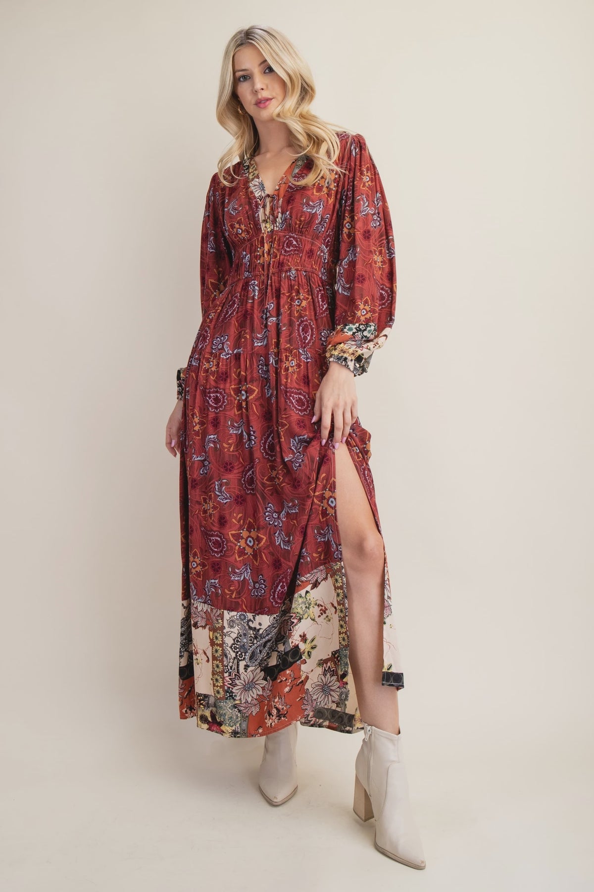 Mixed Print Front Tie Maxi Dress Marsala