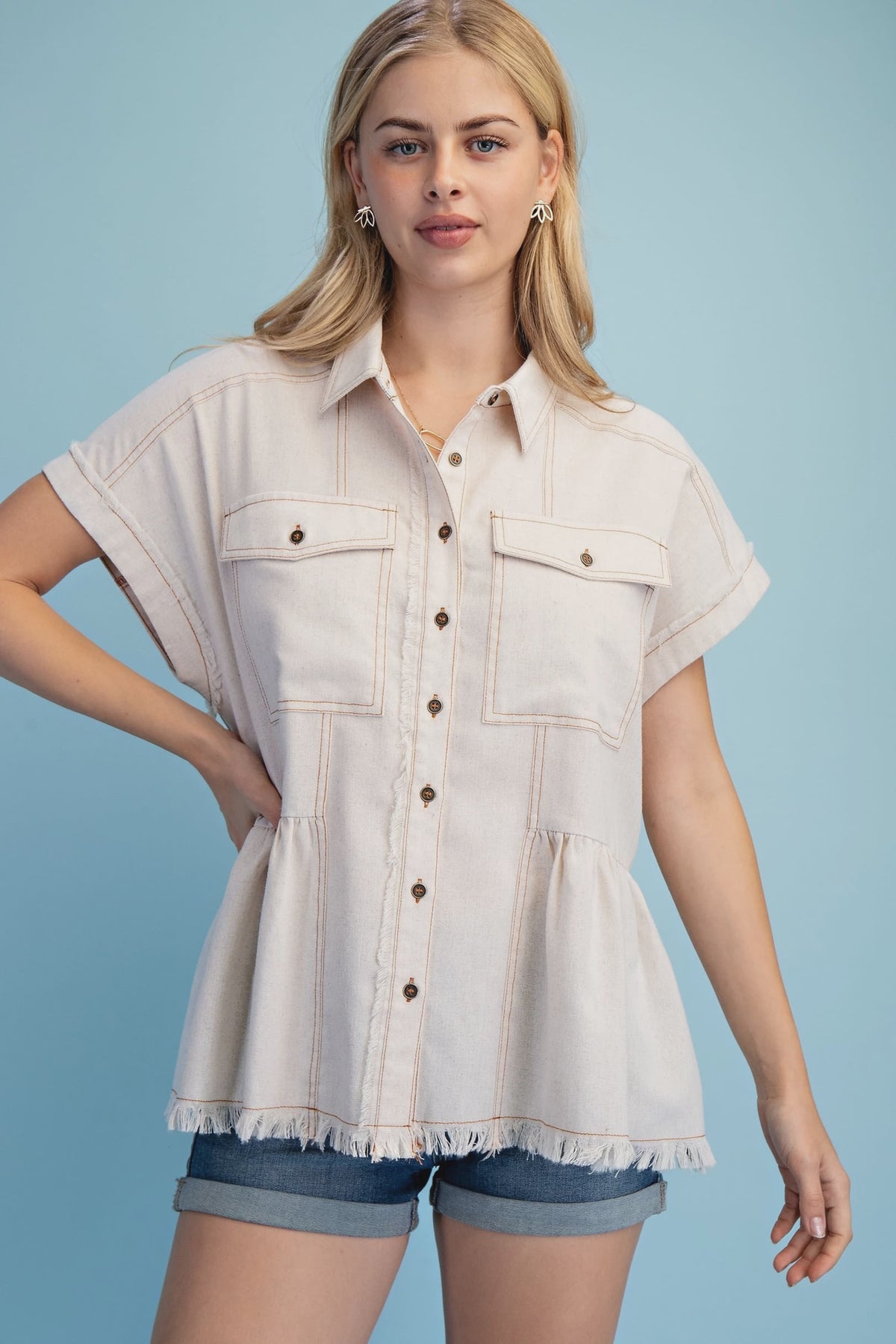 Linen Button Up Frayed Hem Top Oatmeal