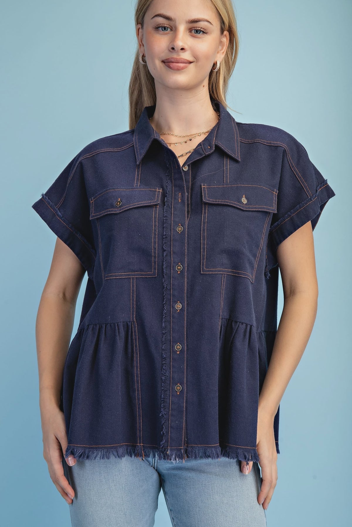 Linen Button Up Frayed Hem Top Navy Blue