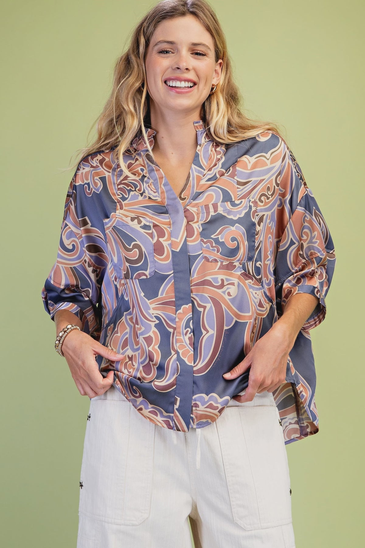 Printed Short Sleeve Button Down Blouse Slate Grey Mix
