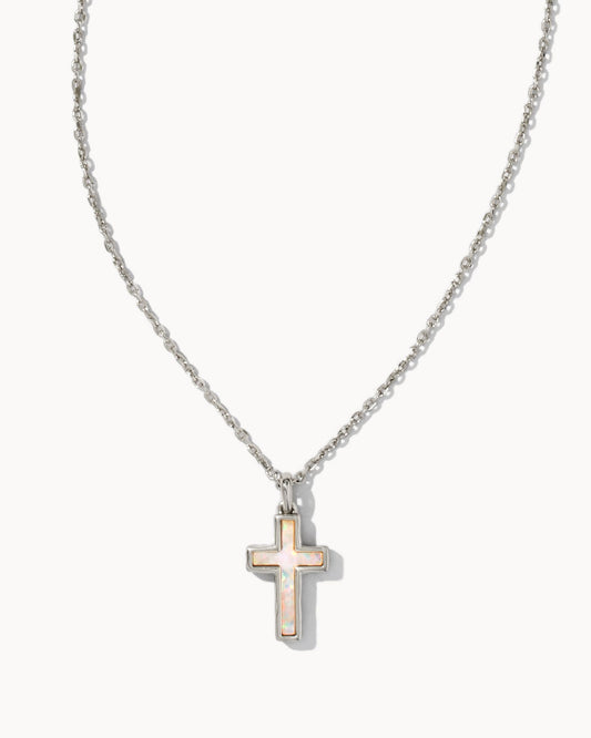 Cross Pendant Necklace Silver White Opal