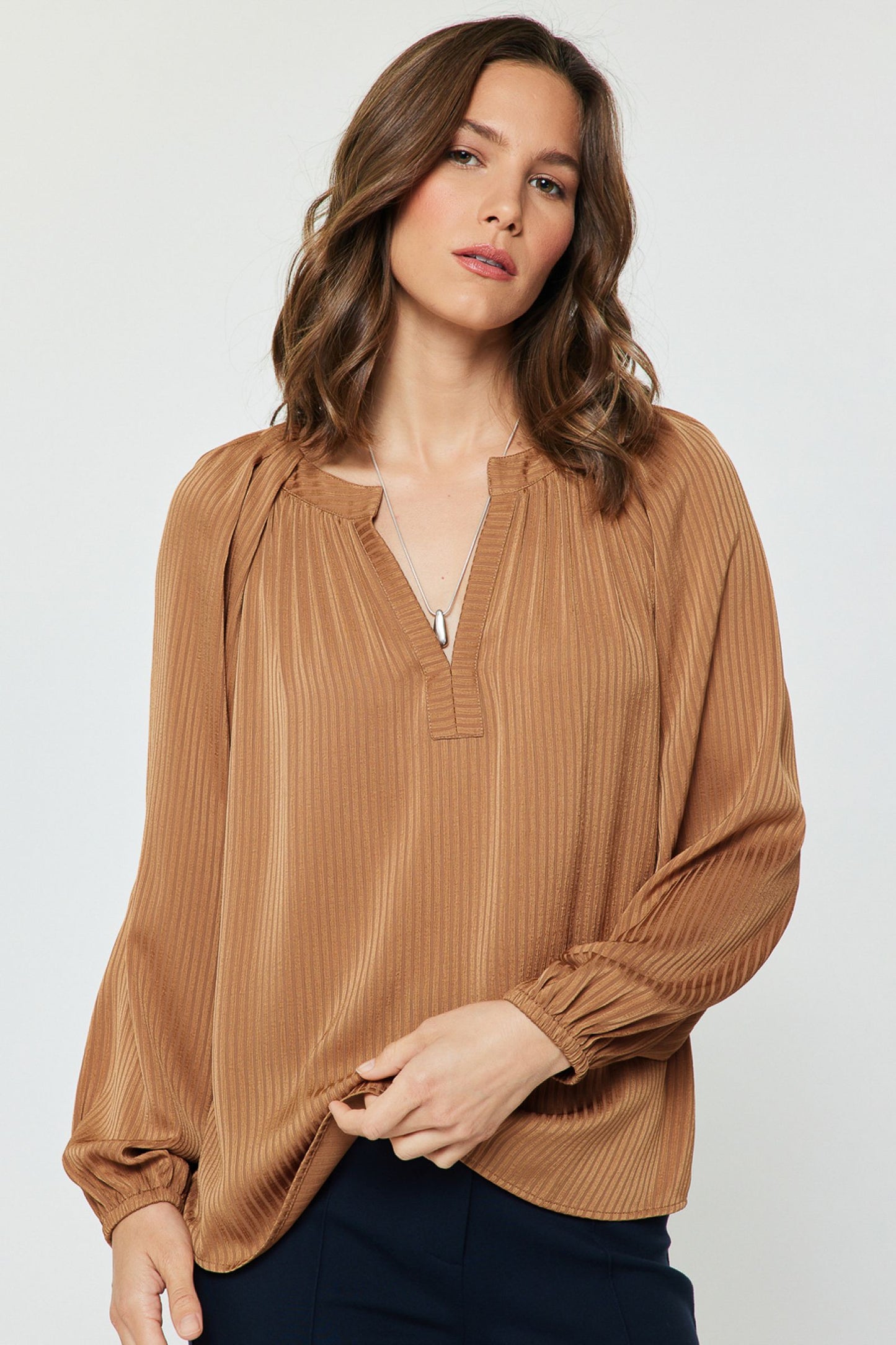 Split Neck Long Sleeve Blouse Apple Cider