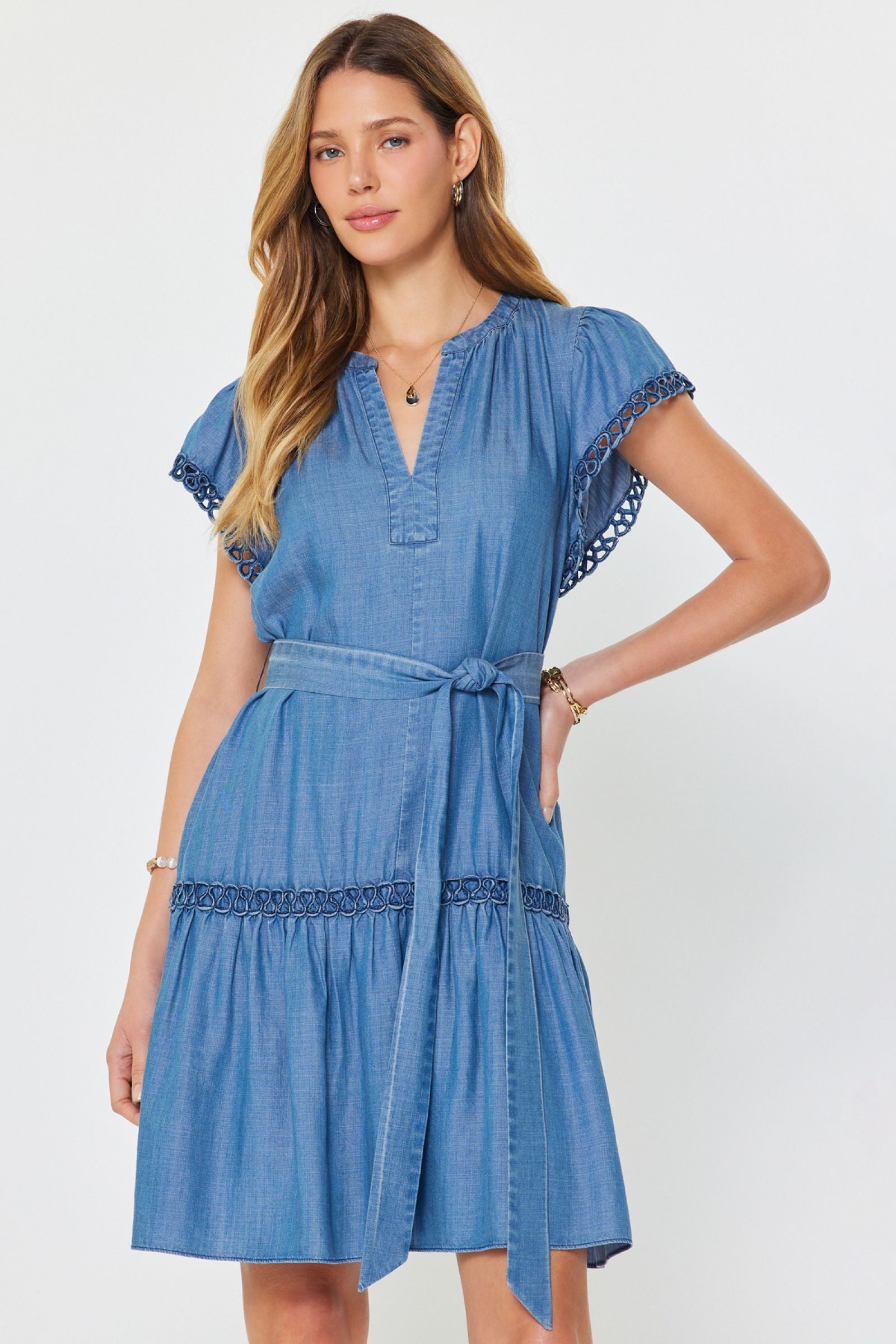 Chambray Embroidered Mini Dress S