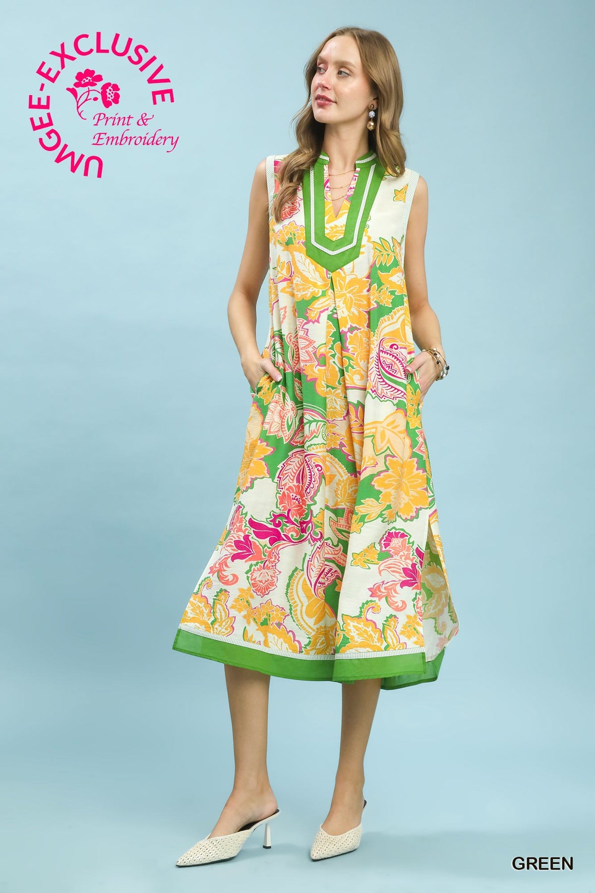 Floral Sleeveless Midi Dress Green