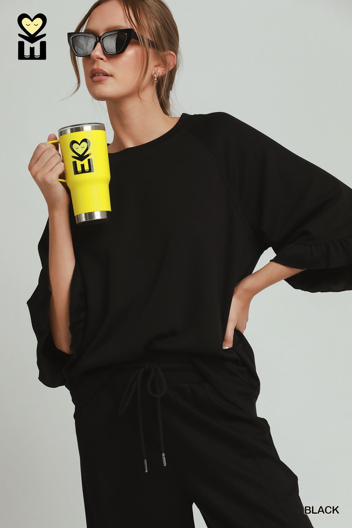 Luxeknit Round Neck Ruffle Sleeve Top Black