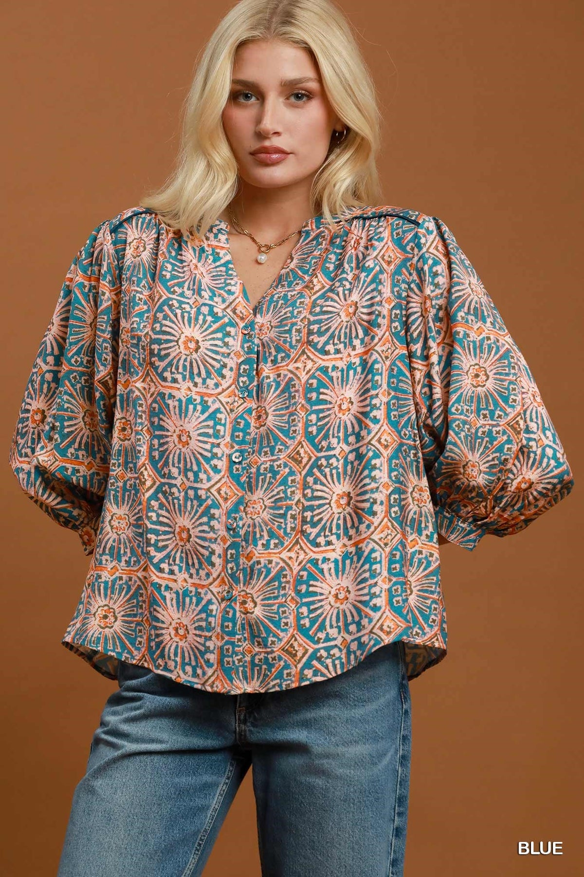 Abstract Print Button Front Blouse Blue