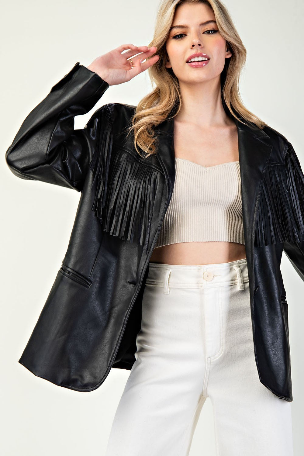 Fringe Faux Leather Collar Jacket