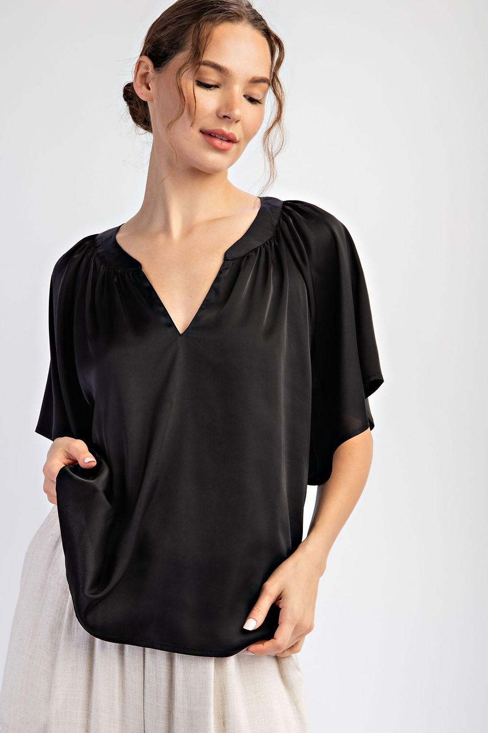 Pleated Notch Neck Short Sleeve Top Black
