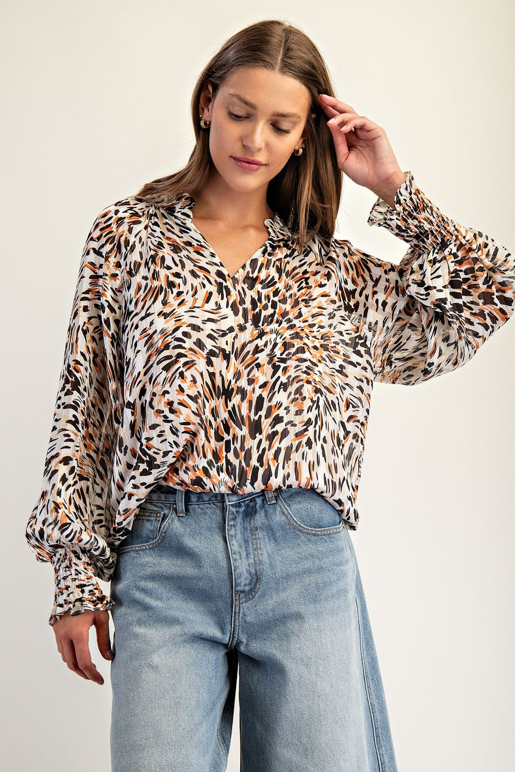Abstract Print Bubble Sleeve Blouse Burnt Sienna