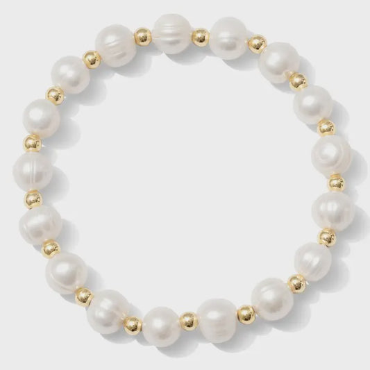 Large Pearl and Gold Bead Stretch Bracelet