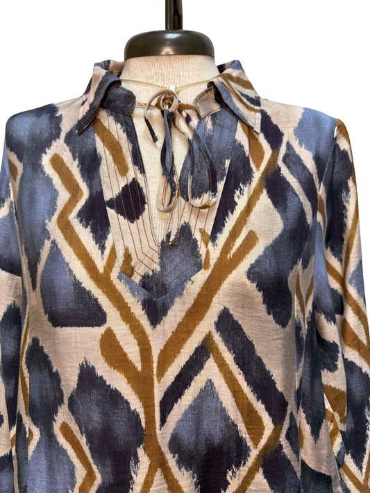 Abstract Print Tie-Neck Blouse