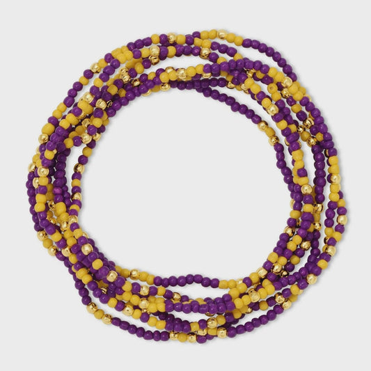 Seed Bead Stretch Game Day Bracelet 2mm Purple/Yellow/Gold