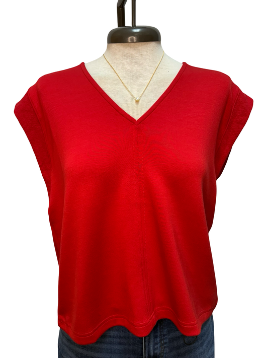 Cap Sleeve V Neck Knit Top Red