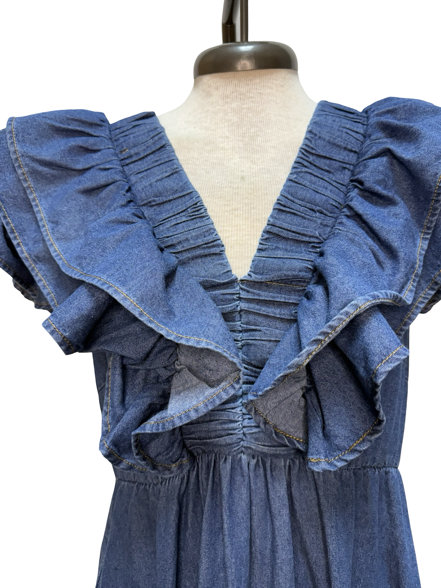 Chambray Flutter Sleeves Midi Dress Denim