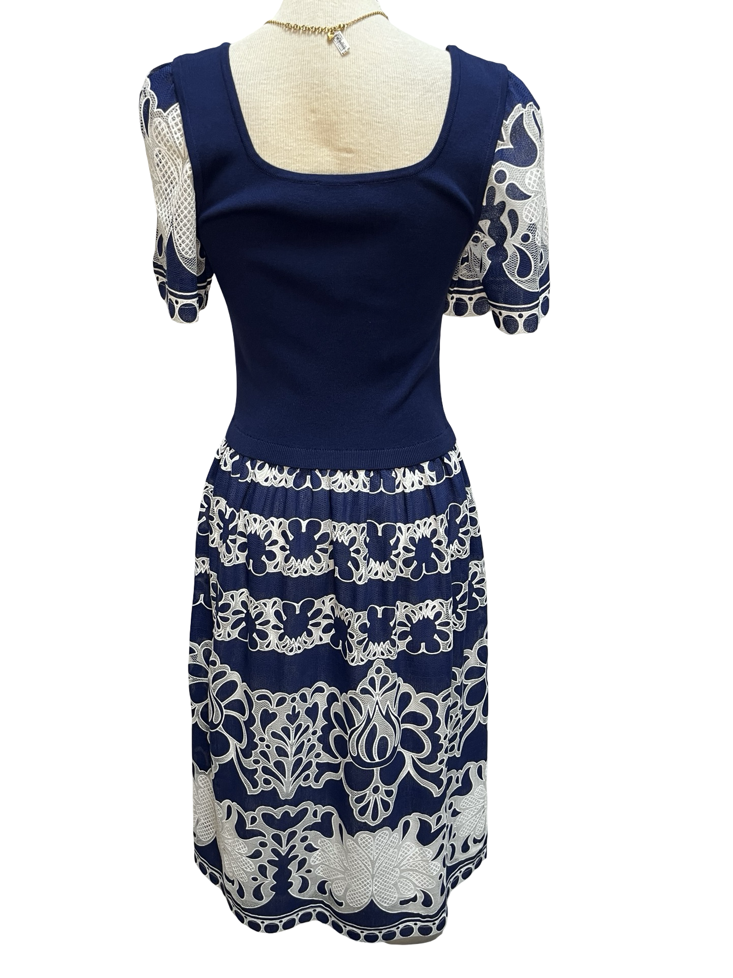 Lace Embroidered Mixed Media Dress Deep Cobalt