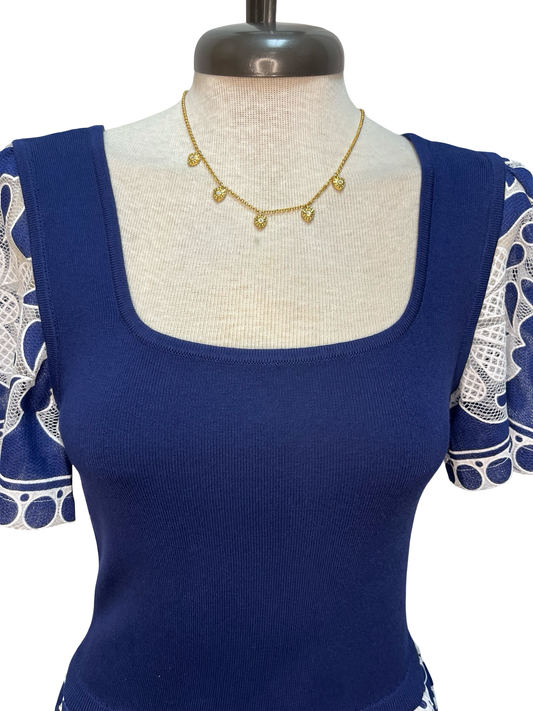 Lace Embroidered Mixed Media Dress Deep Cobalt