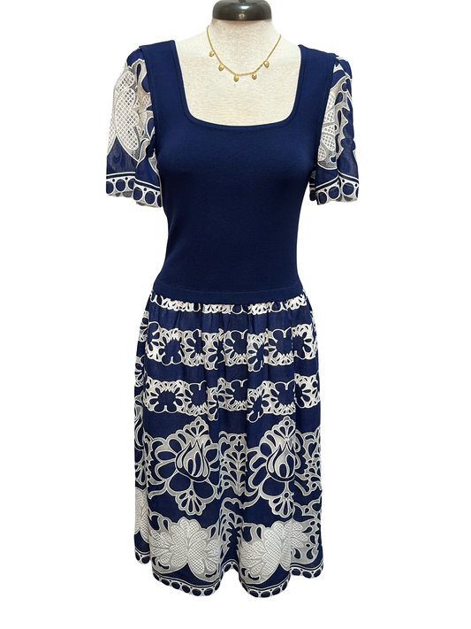 Lace Embroidered Mixed Media Dress Deep Cobalt