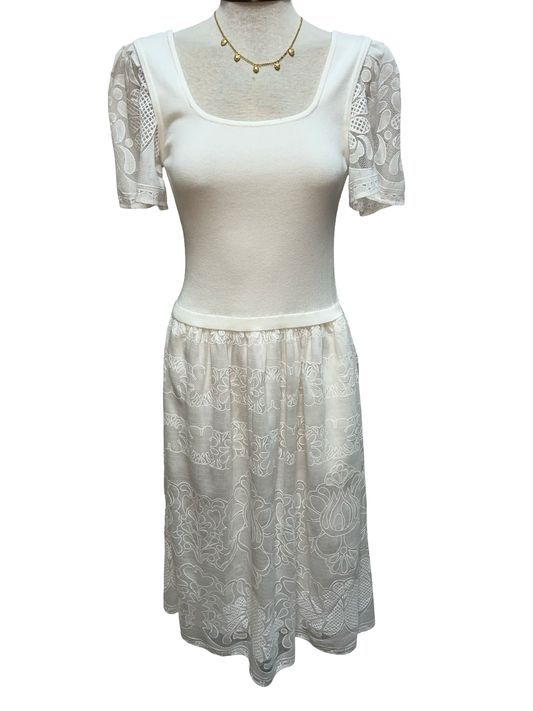 Lace Embroidered Mixed Media Dress White