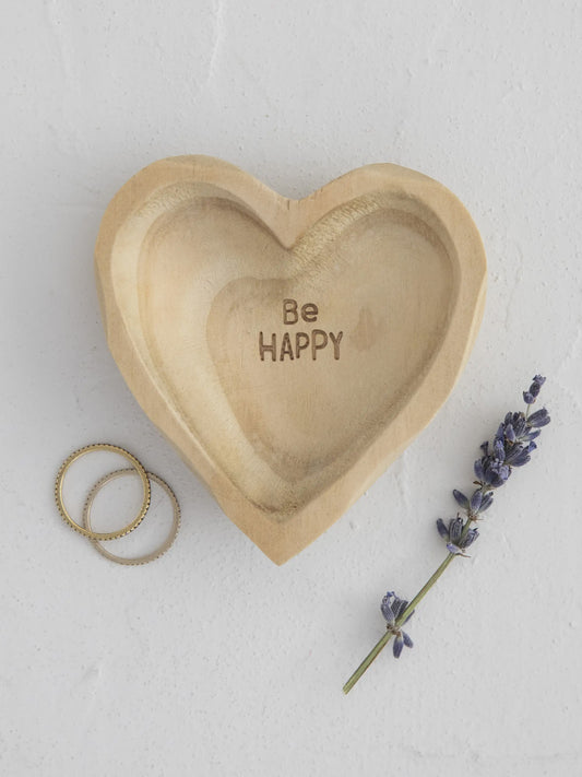 Wooden Heart Trinket Dish Be Happy