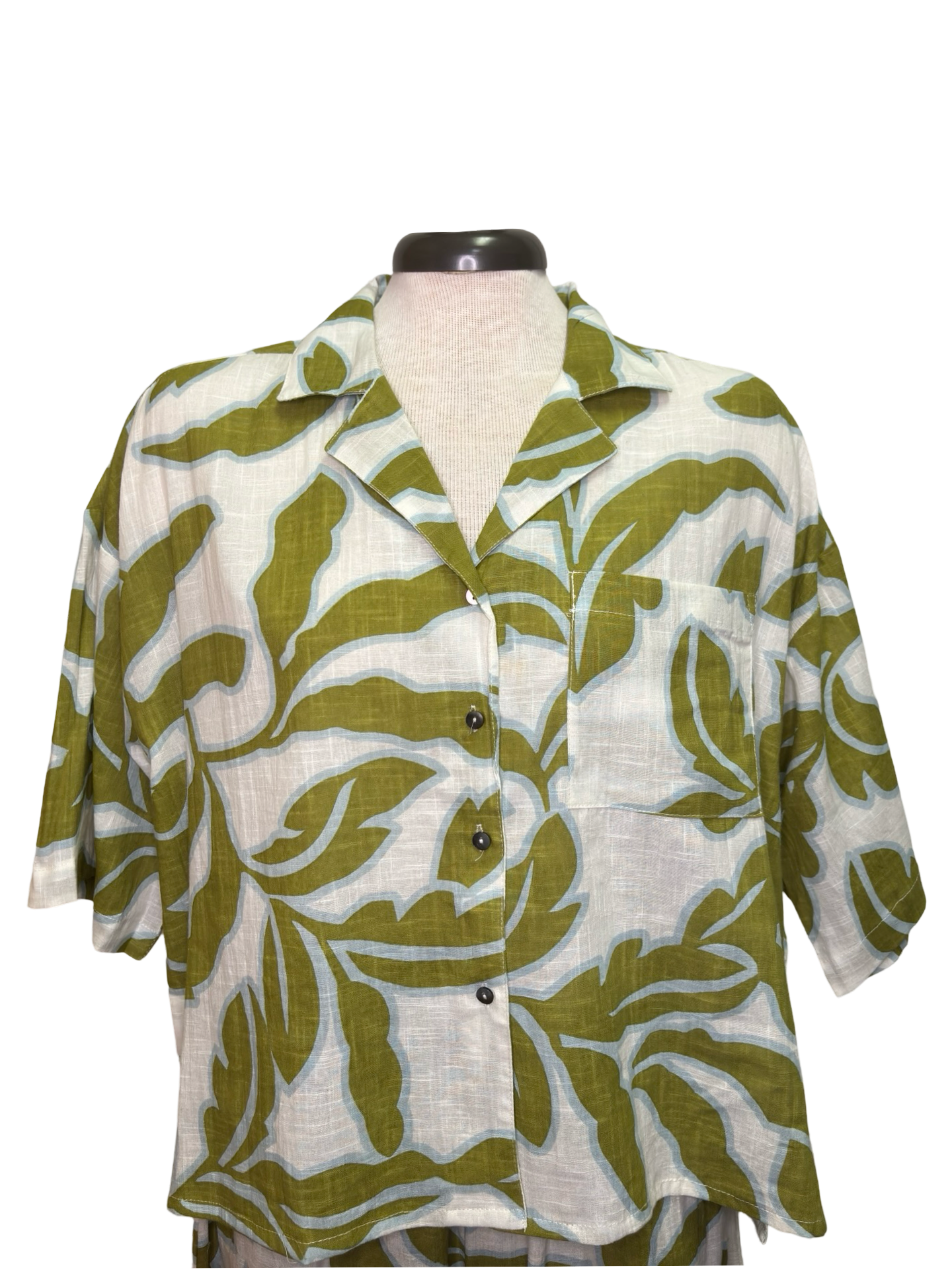 Tropical Collared Top Olive White