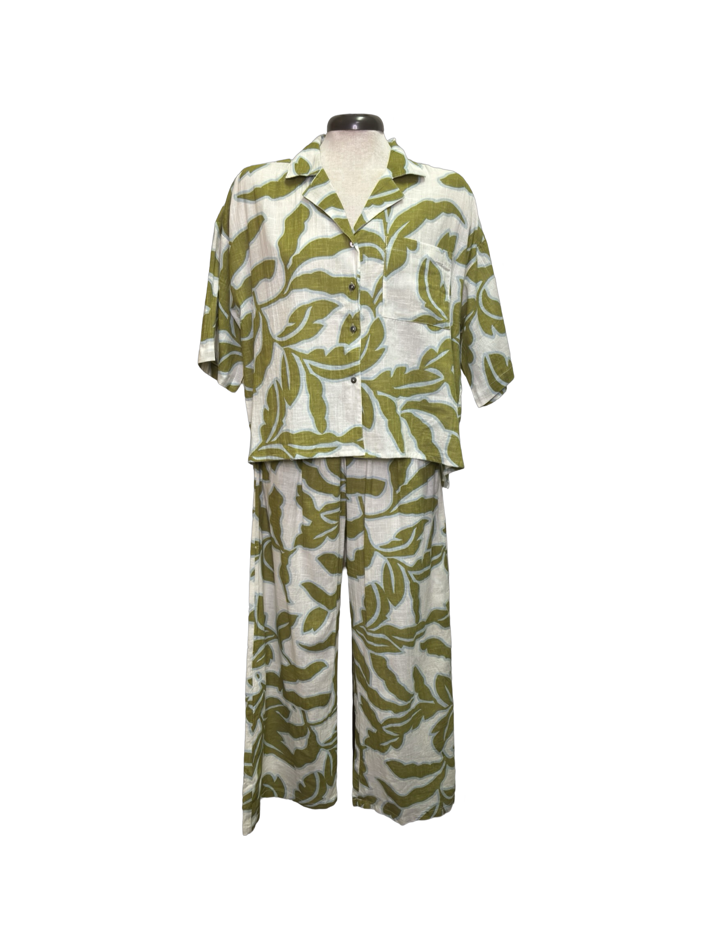 Tropical Collared Top Olive White