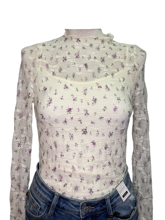 Ditsy Floral Printed Lace Top Ivory
