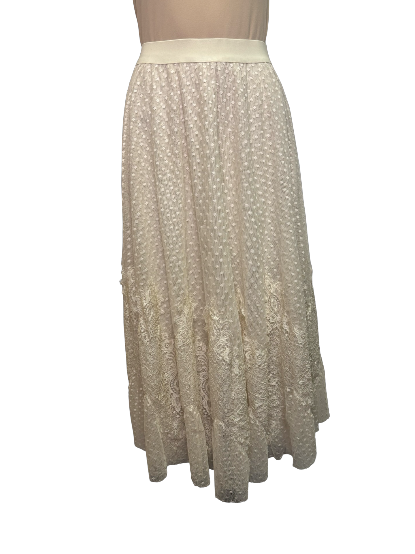 Dot Mesh Wide Lace Skirt Ivory
