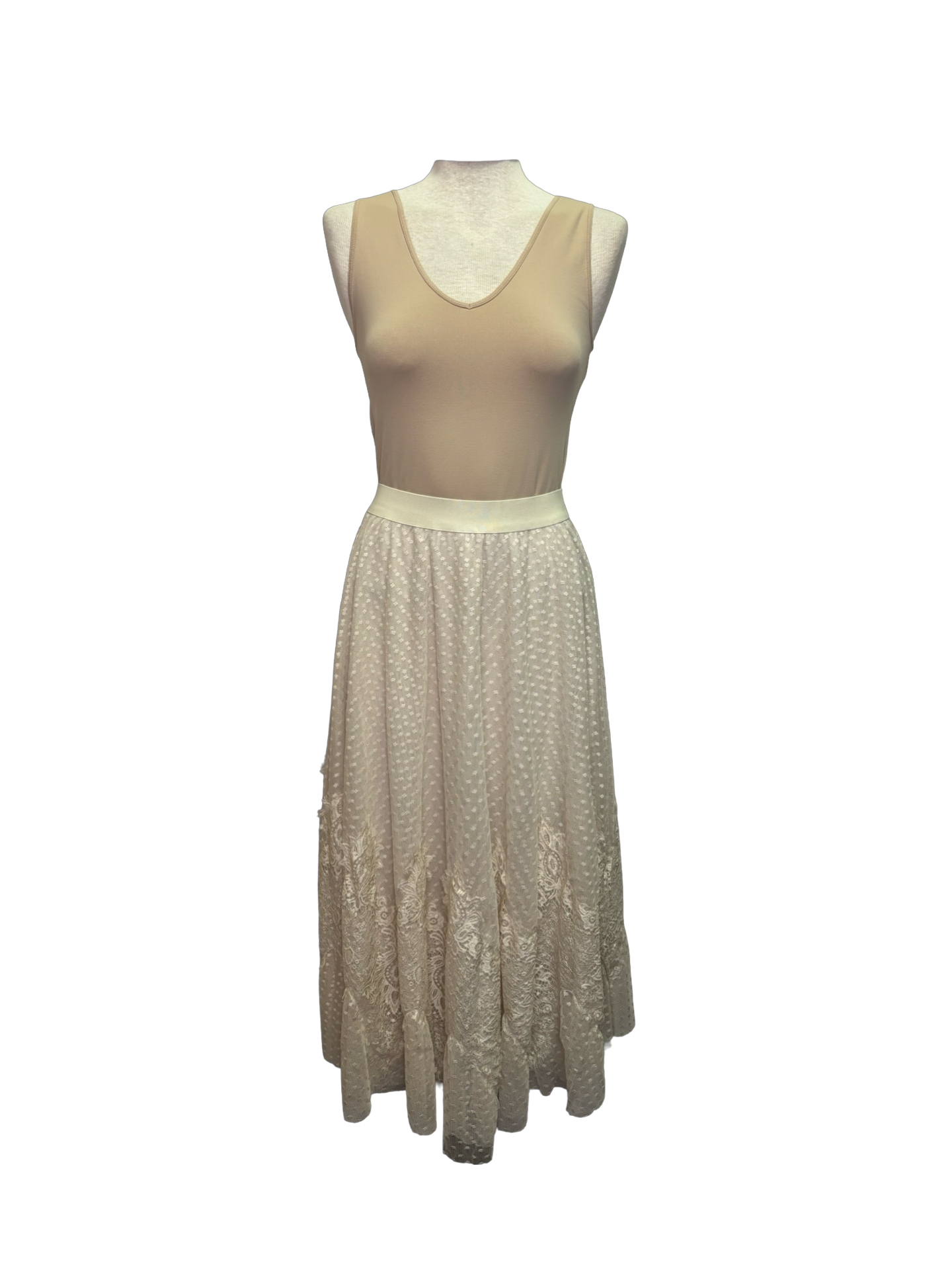 Dot Mesh Wide Lace Skirt Ivory