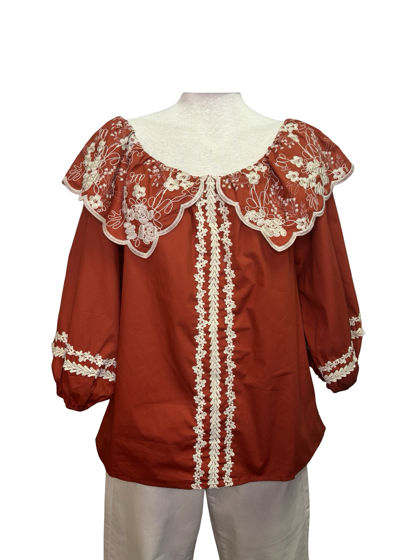Embroidered Cotton Poplin Blouse Rust