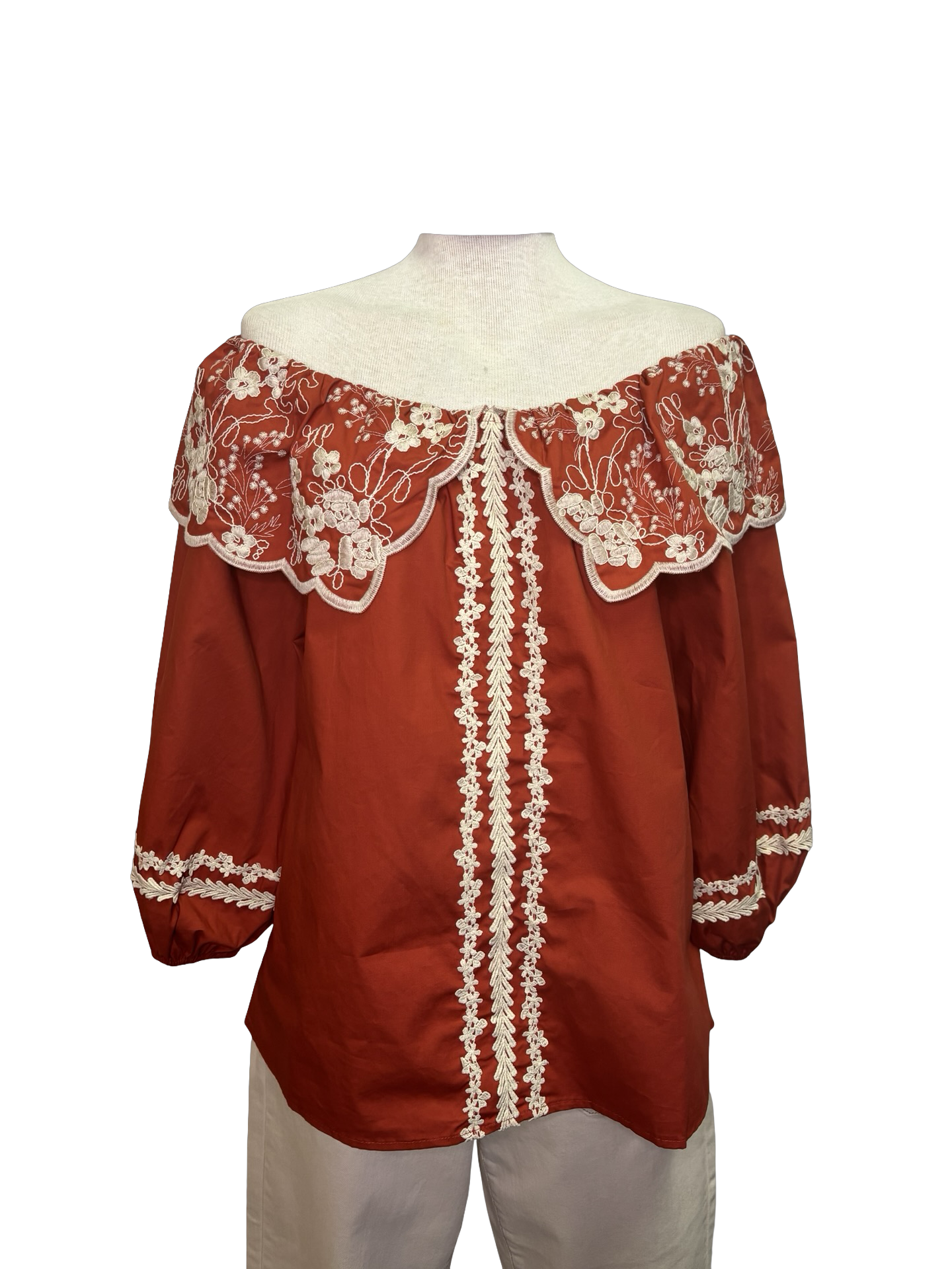 Embroidered Cotton Poplin Blouse Rust