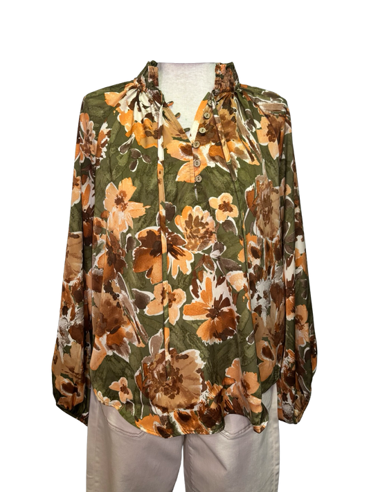 Mirabelle Satin Blouse Olive Print