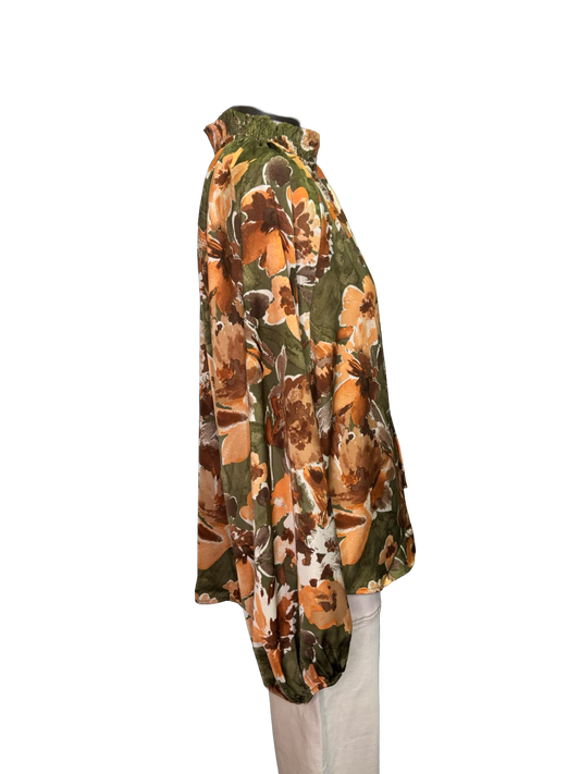 Mirabelle Satin Blouse Olive Print