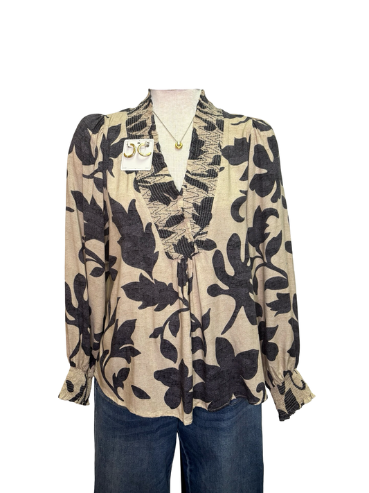 Printed Rayon Challis Top Natural Ash