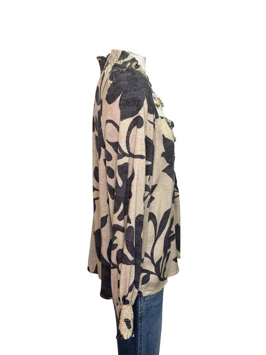 Printed Rayon Challis Top Natural Ash