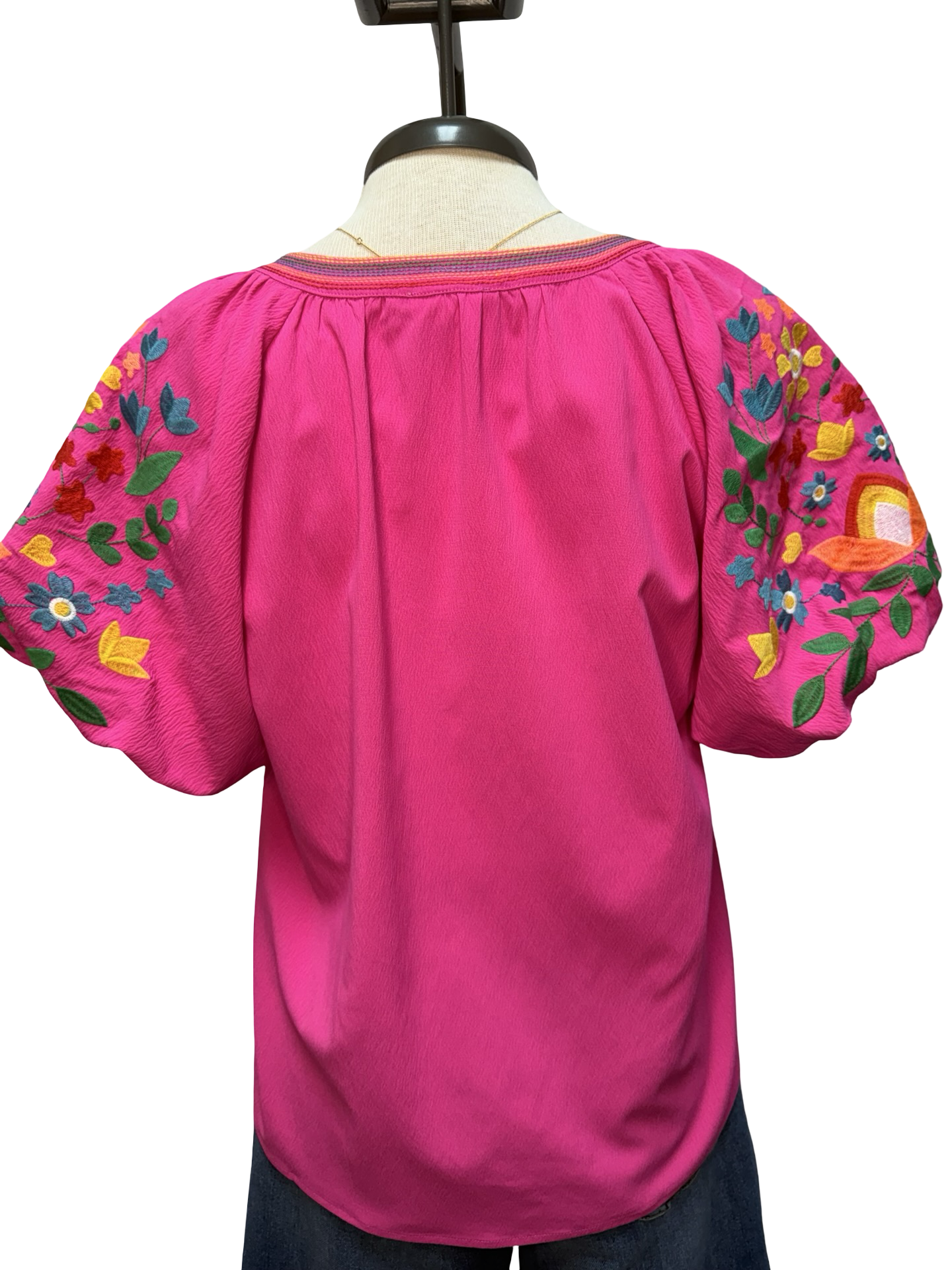 Embroidery Detail Puff Sleeve Top Pink