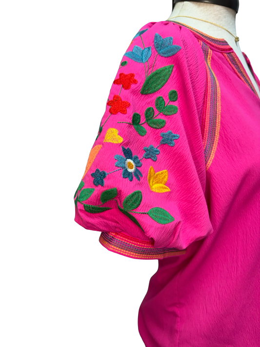 Embroidery Detail Puff Sleeve Top Pink