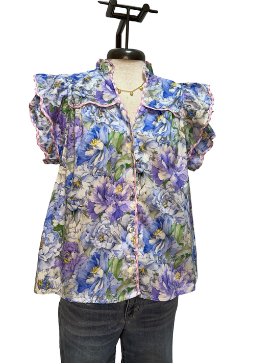 Floral Print Flutter Sleeve Top Blue