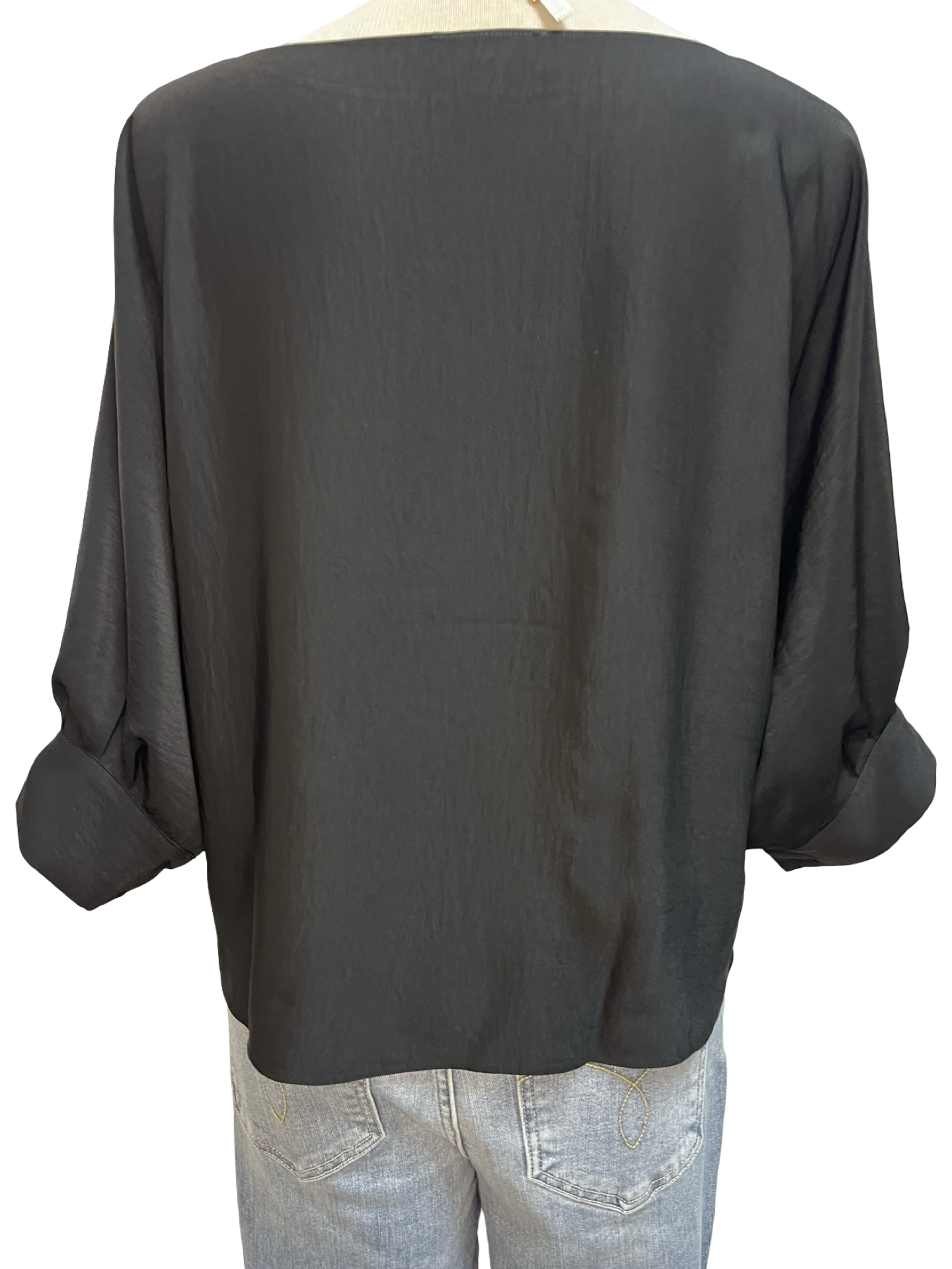 Wide Neckline Sleeve Cuff Top Black
