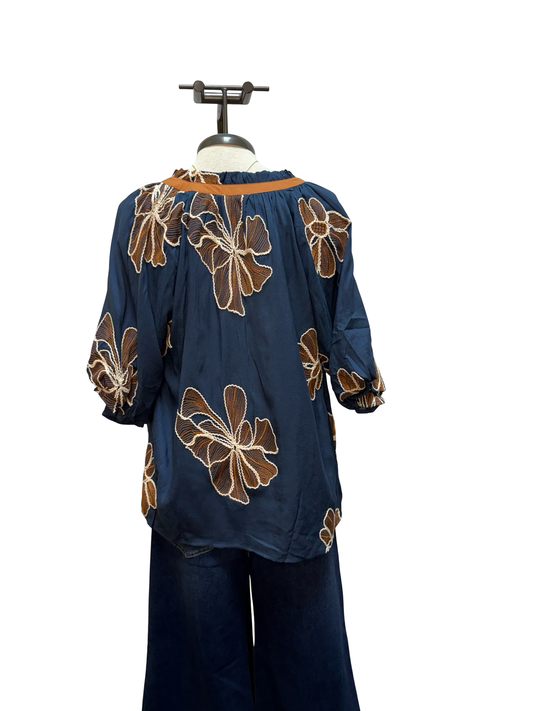 Floral Embroidered V Neck Relaxed Top Denim