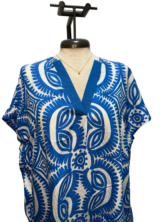 Geometric Print V Neck Top Blue