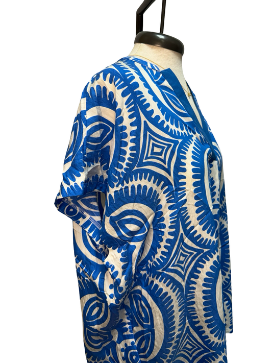 Geometric Print V Neck Top Blue