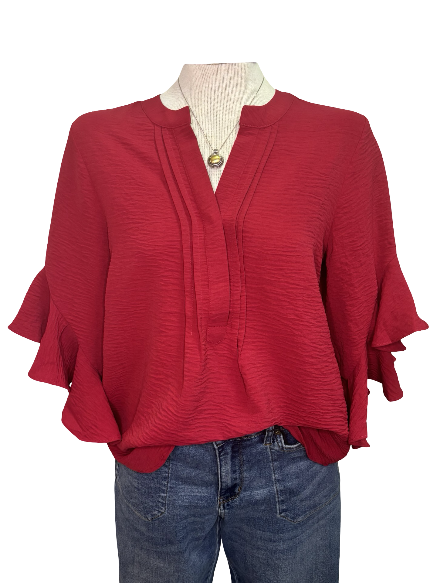 Bell Sleeve Pleated Detail Top Berry Red