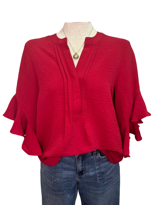Bell Sleeve Pleated Detail Top Berry Red