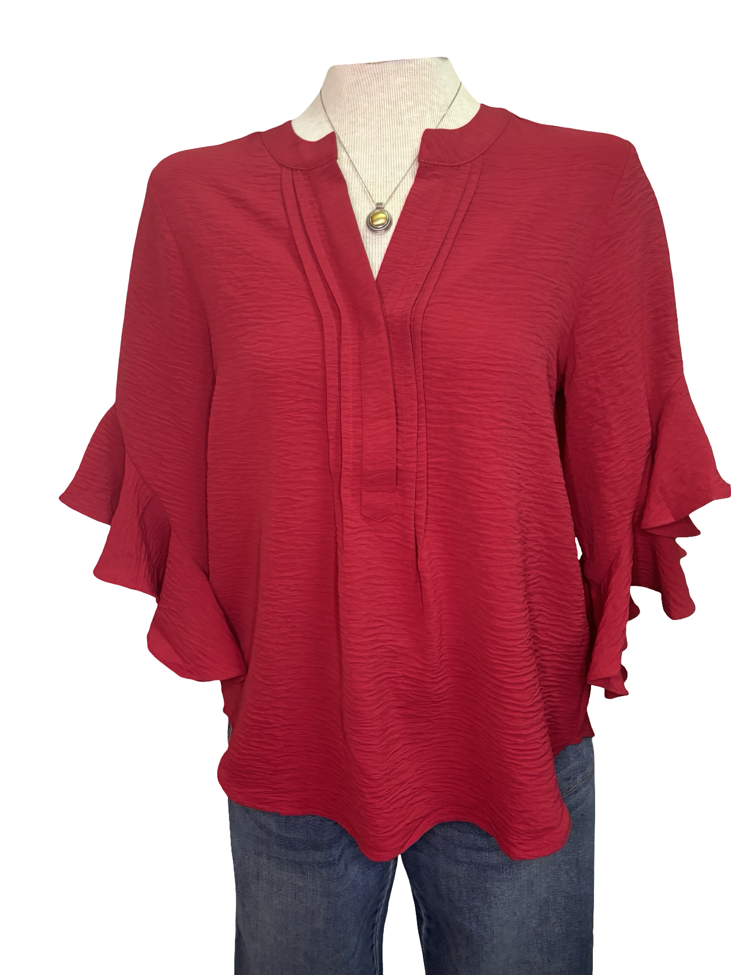 Bell Sleeve Pleated Detail Top Berry Red