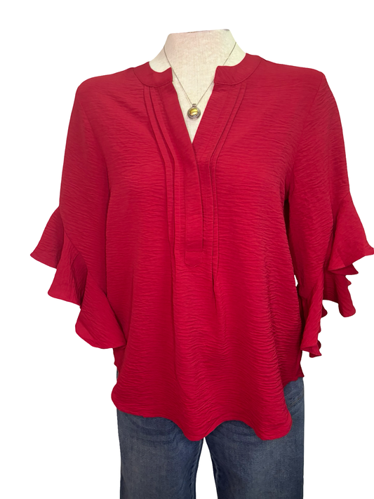 Bell Sleeve Pleated Detail Top Berry Red