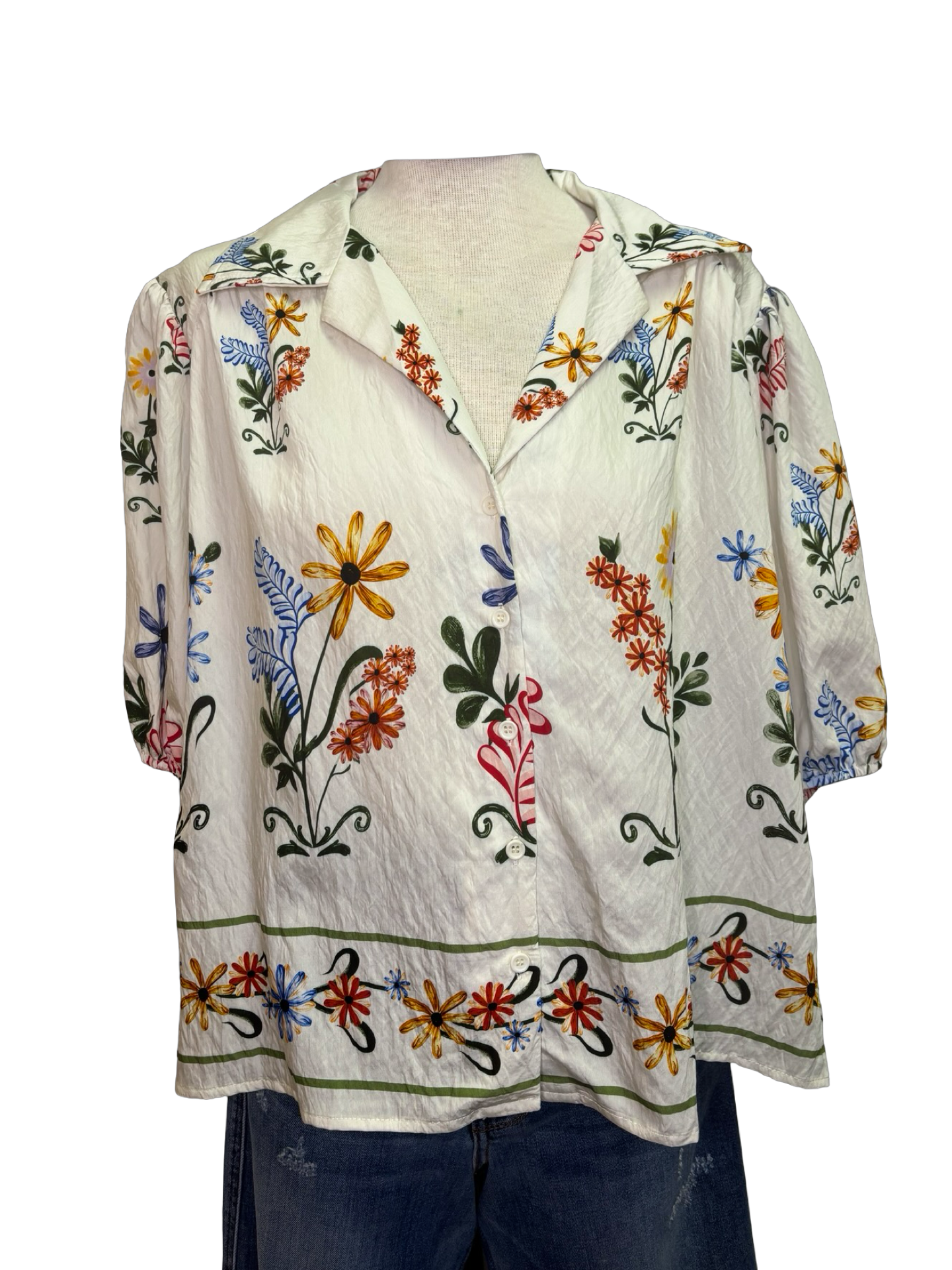 Floral Print Button Up Blouse Ivory
