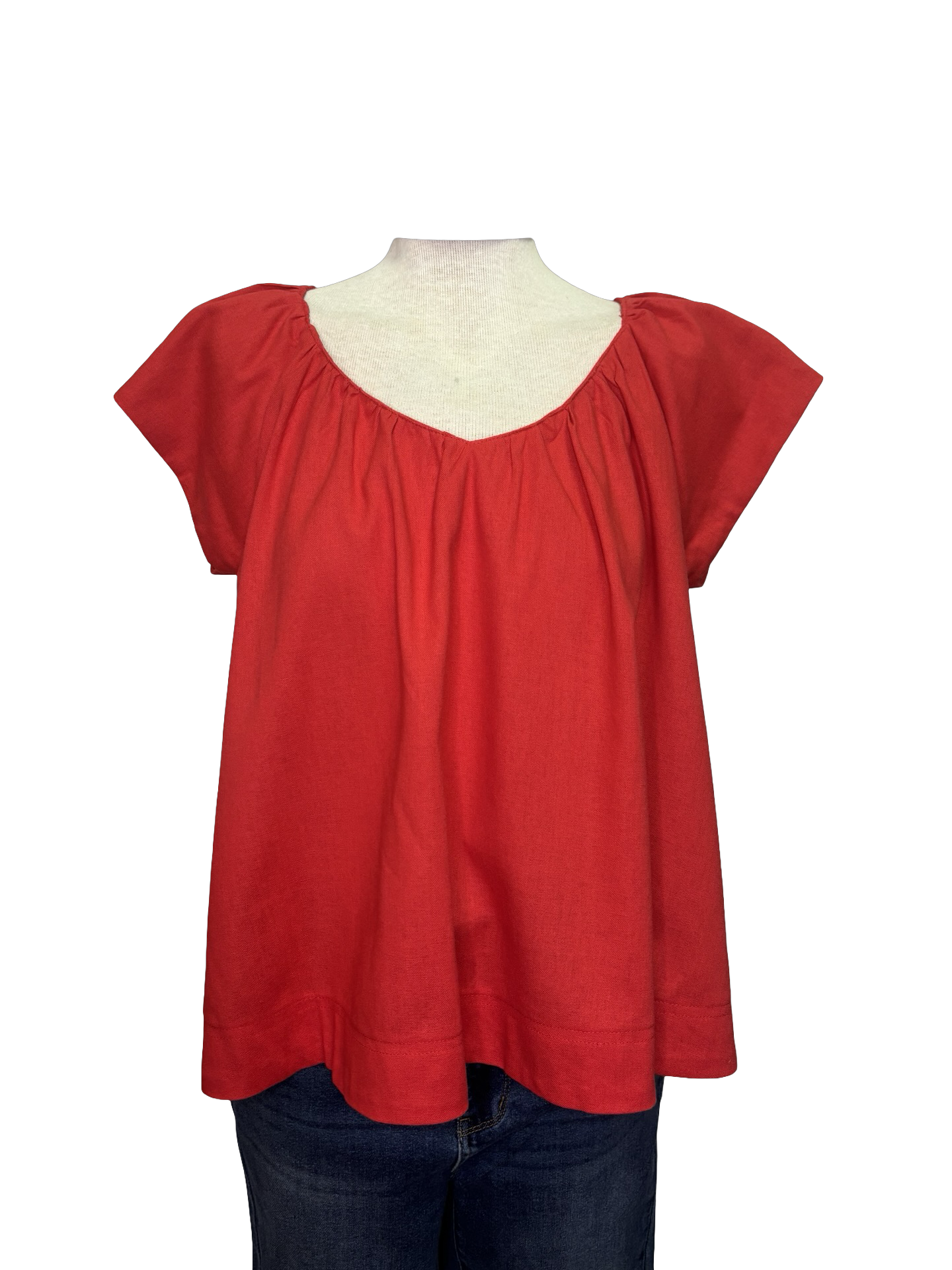 Linen V Neck Cap Sleeve Top Red